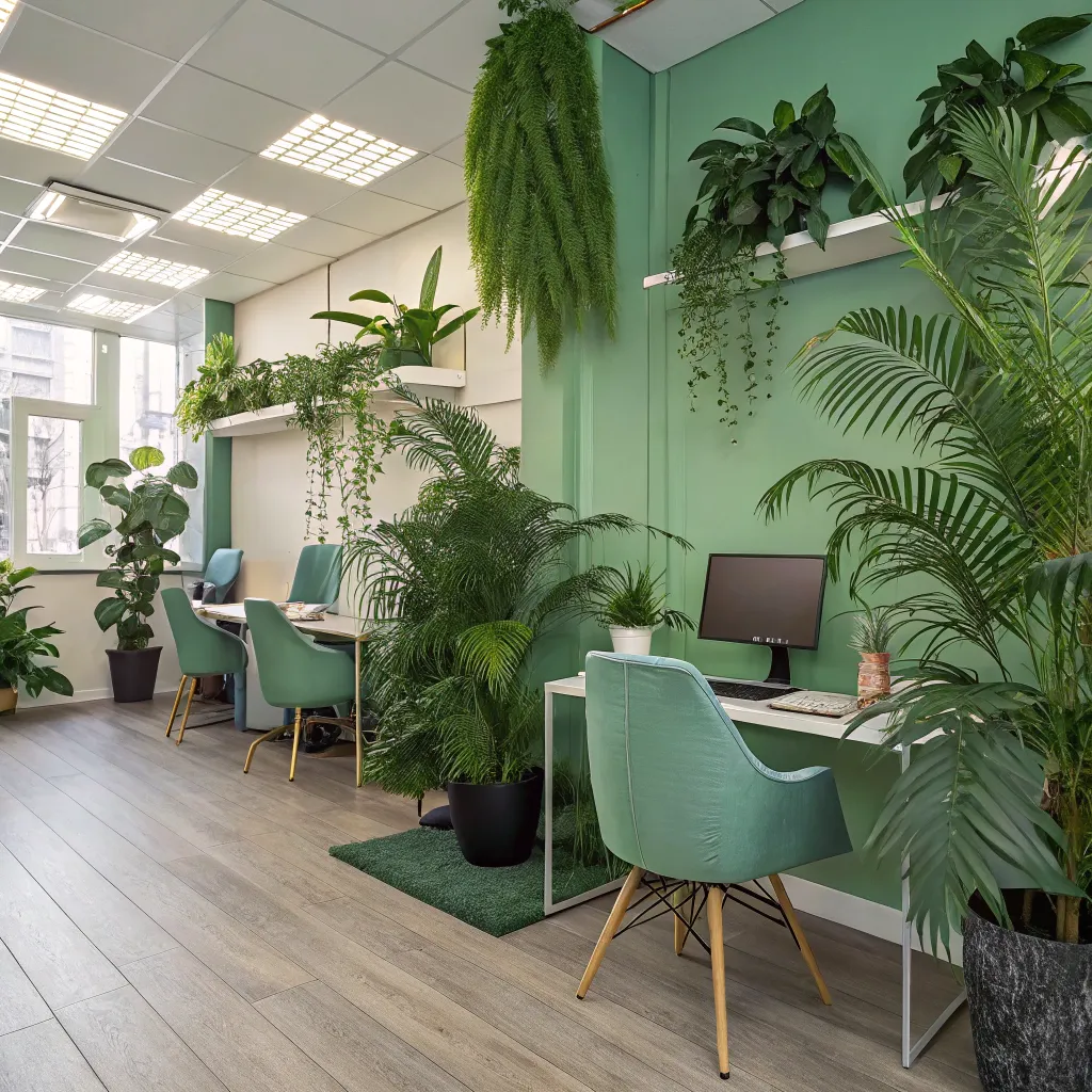 Office with indoor plants and soothing green decor